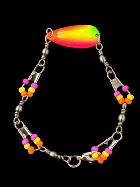 NEW Handcrafted Fishing Lure Swivel & Bait Neon Beaded Bracelet. Measures 7in